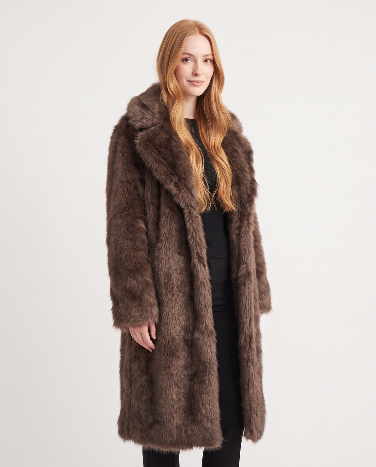 Women's dark brown oversized faux fur coat, side view