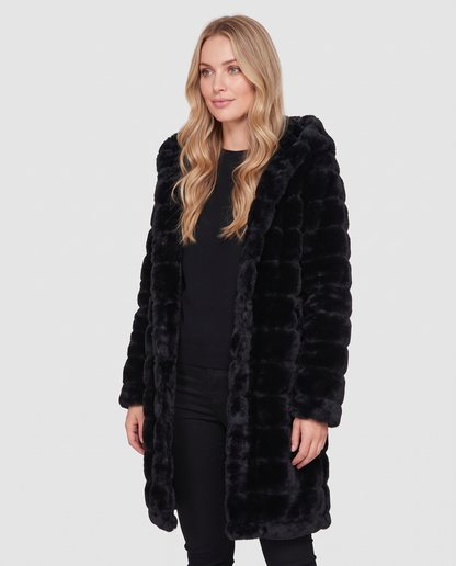 Women's black hooded shaggy faux fur coat, side view