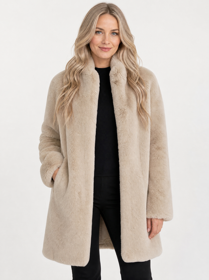 Women's beige long faux fur coat, front view