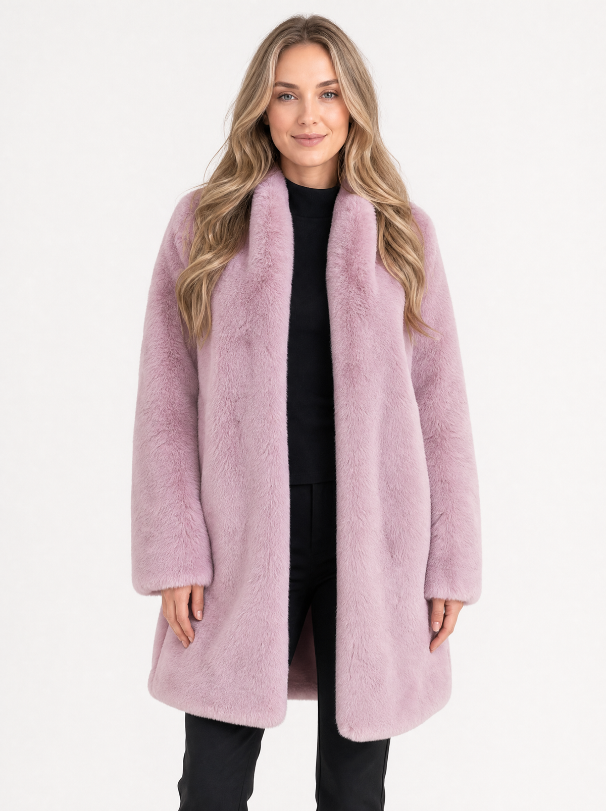 Women's pink long faux fur coat, front view