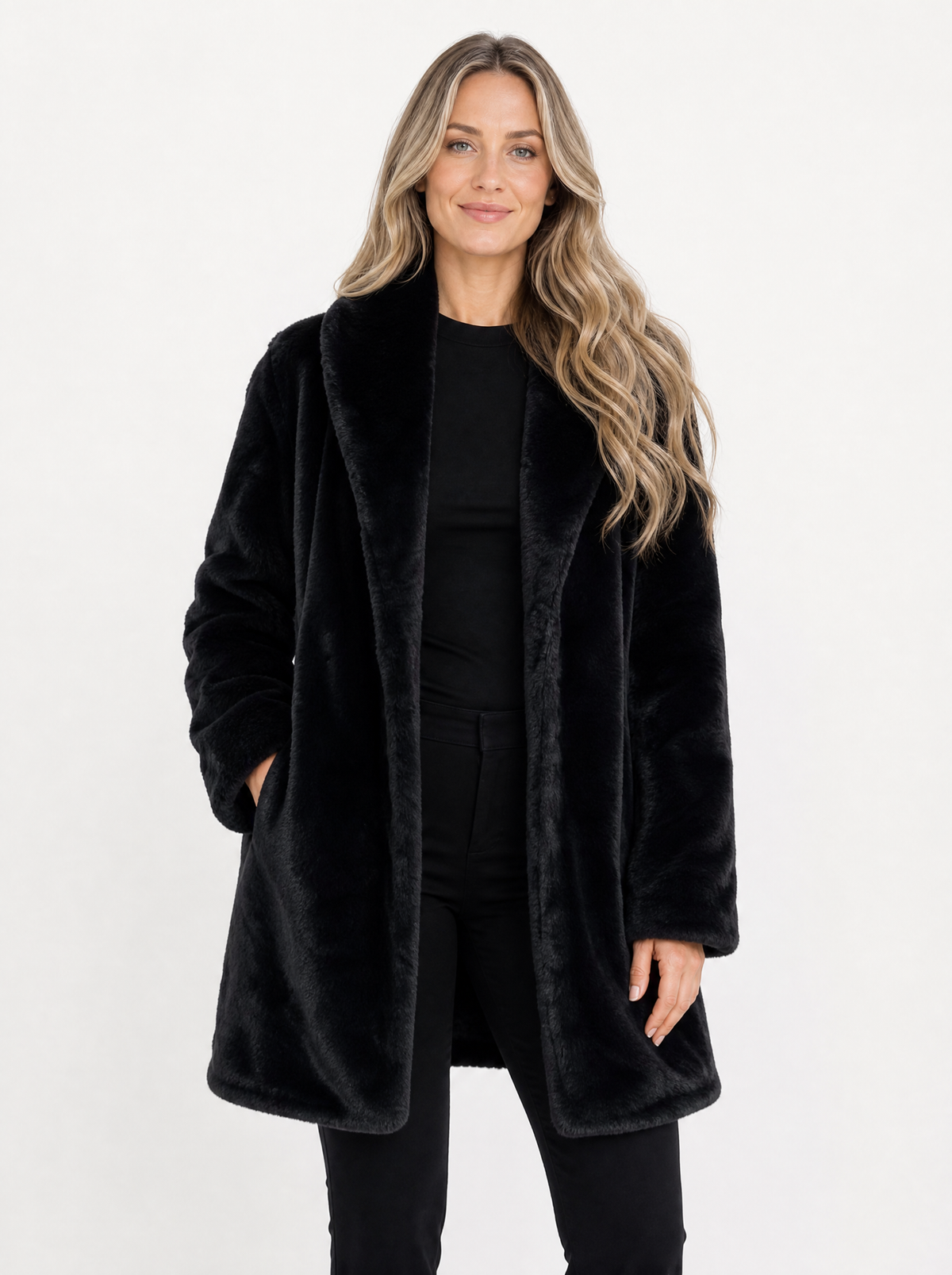 Women's black long faux fur coat, front view