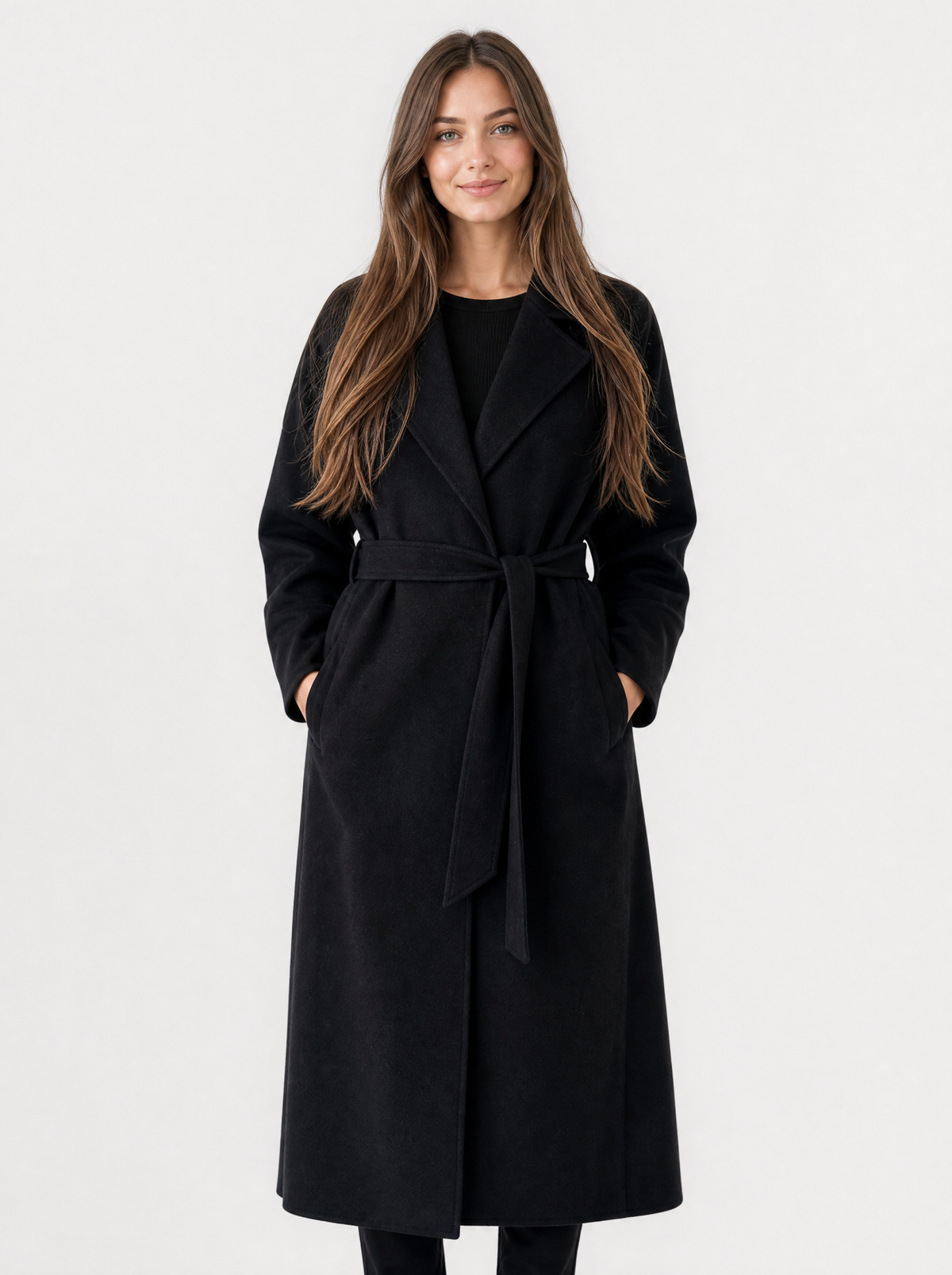 Women's black belted longline coat, front view