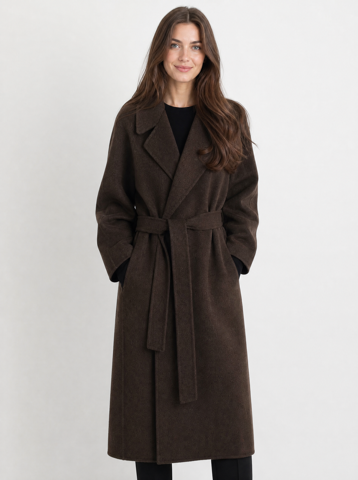 Women's dark brown belted longline coat, front view