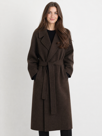 Women's dark brown belted longline coat, front view