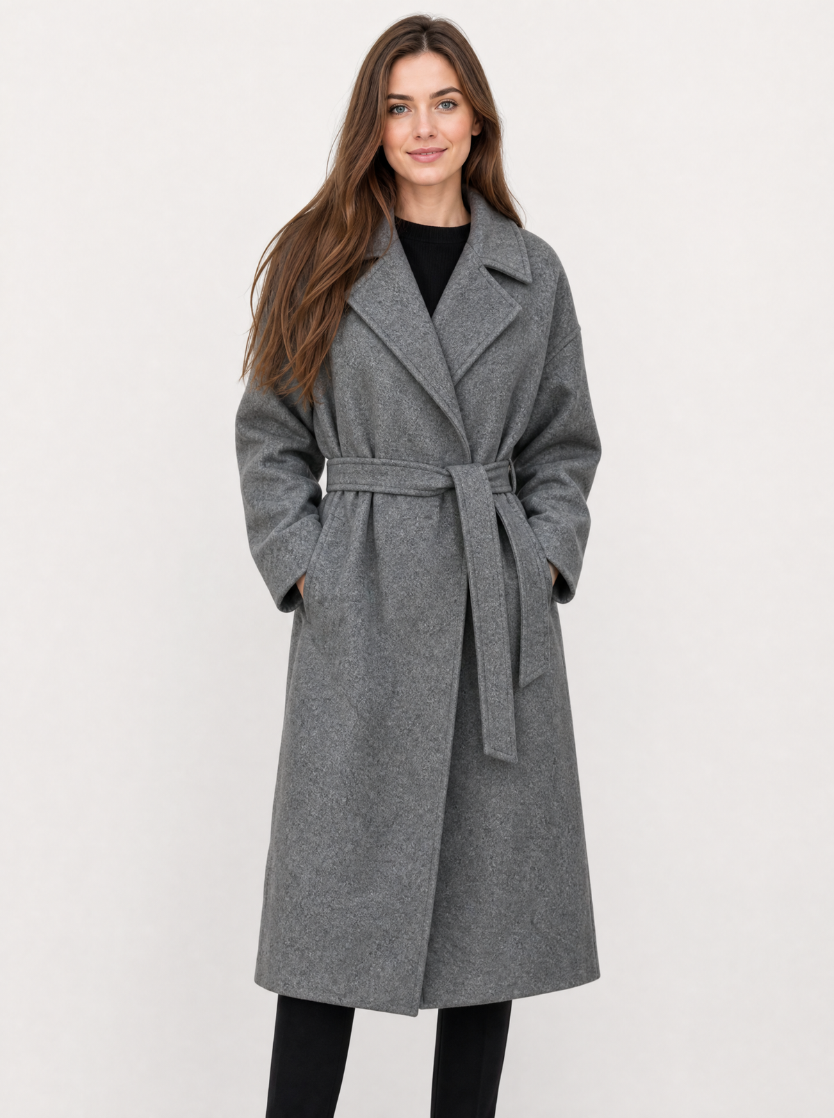 Women's grey belted longline coat, front view