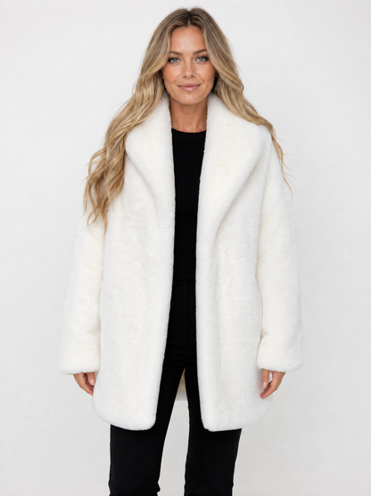 Women's white long faux fur coat, front view