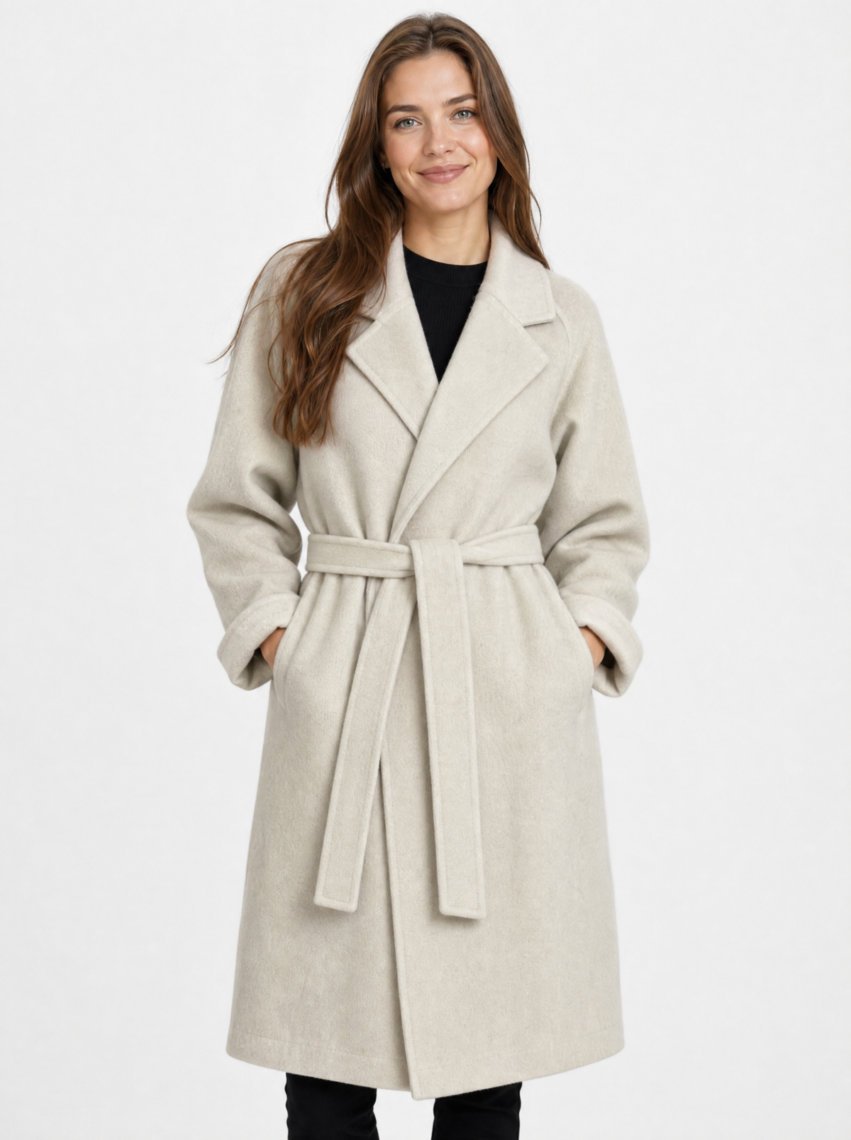 Women's cream belted longline coat, front view