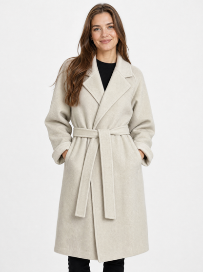 Women's cream belted longline coat, front view