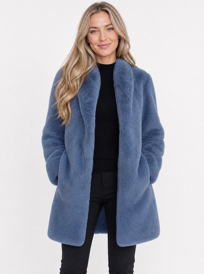 Women's blue long faux fur coat, front view