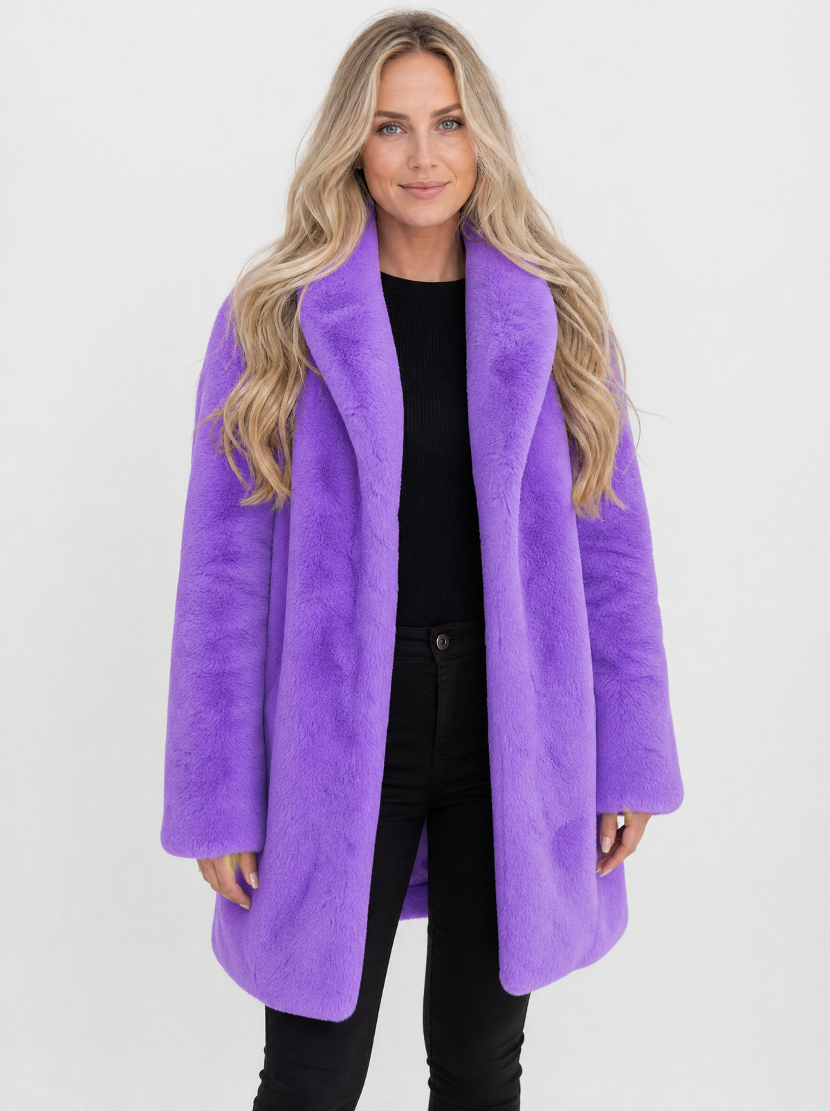 Women's lilac long faux fur coat, front view