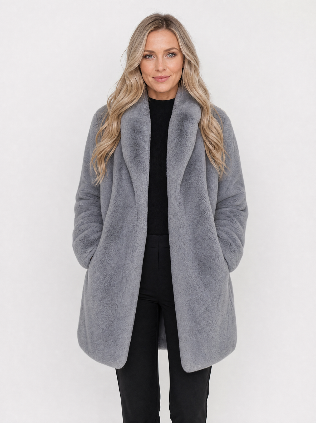 Women's grey long faux fur coat, front view