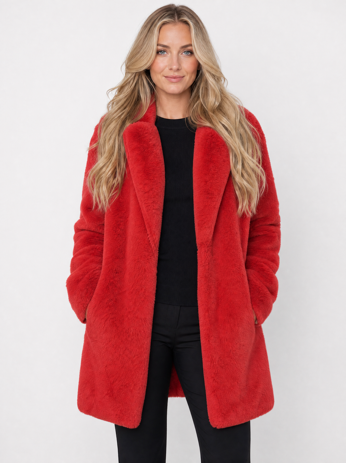 Women's red long faux fur coat, front view