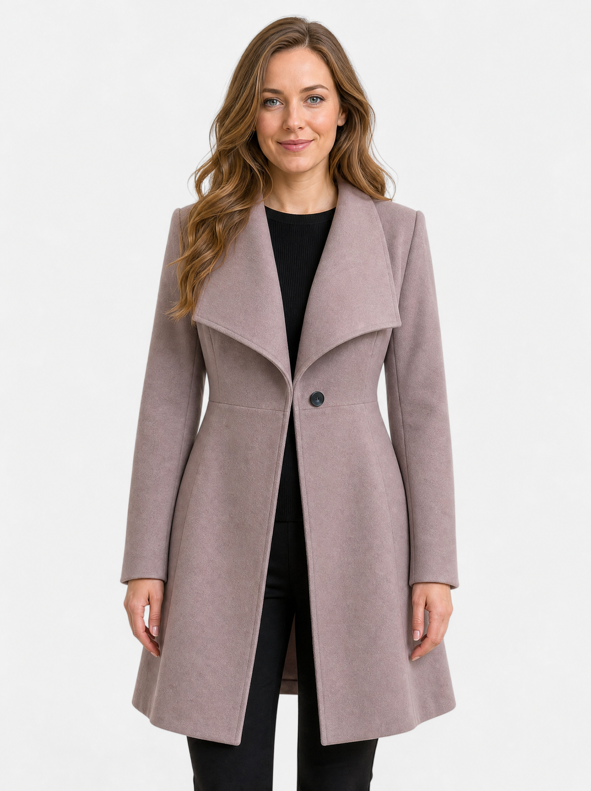 Women's khaki waterfall lapel coat, front view