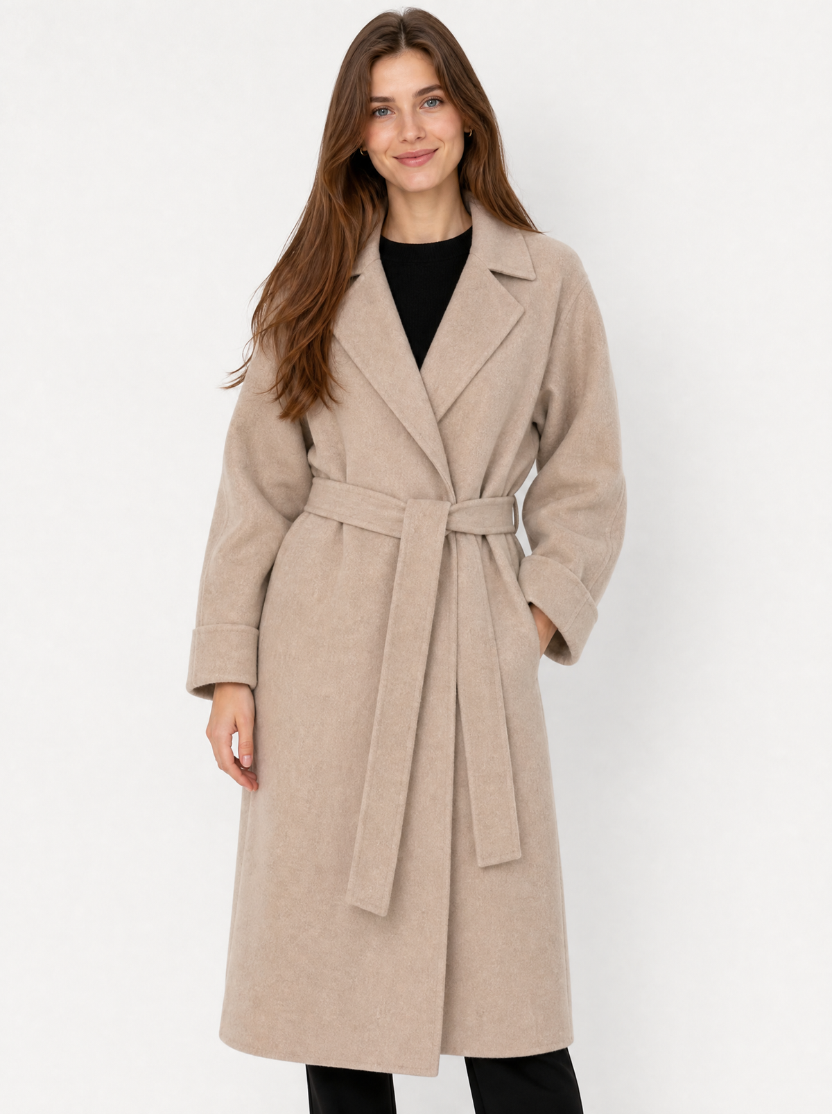 Women's beige belted longline coat, front view