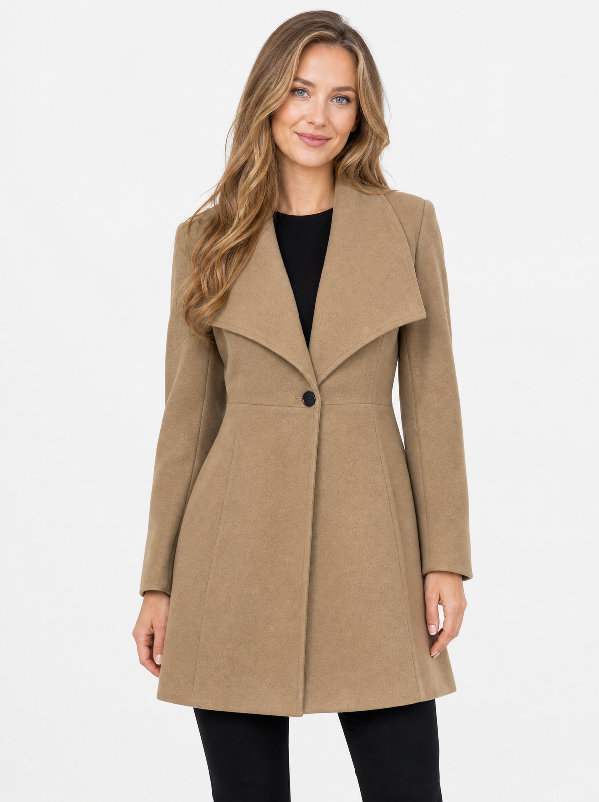 Women's light brown waterfall lapel coat, front view