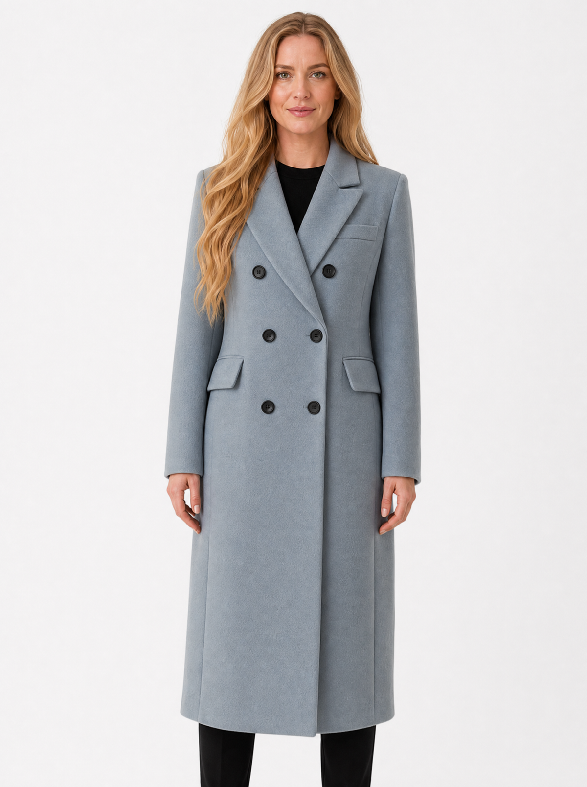 Women's grey double breasted longline coat, front view
