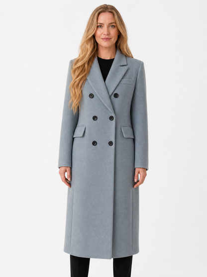 Women's grey double breasted longline coat, front view