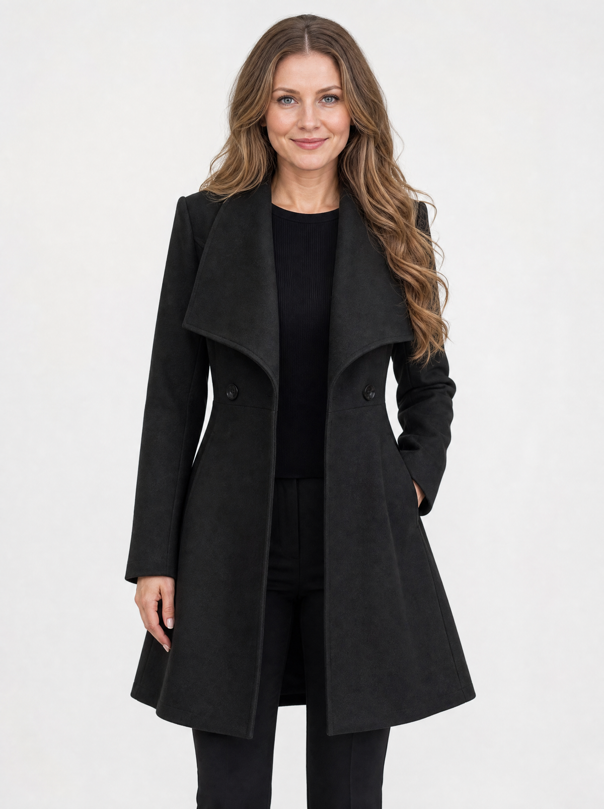 Women's black waterfall lapel coat, front view