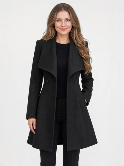 Women's black waterfall lapel coat, front view