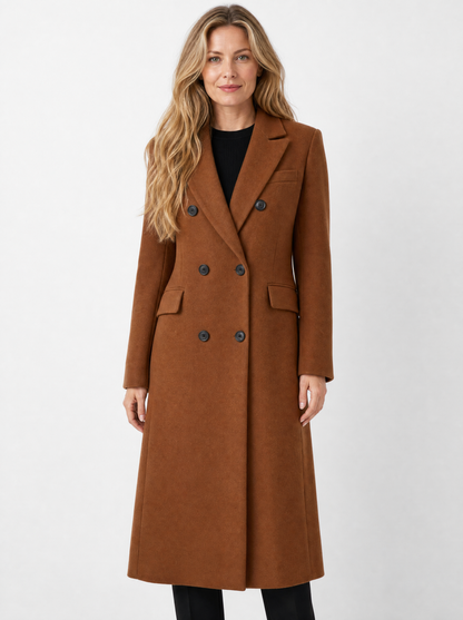Women's dark brown double breasted longline coat, front view
