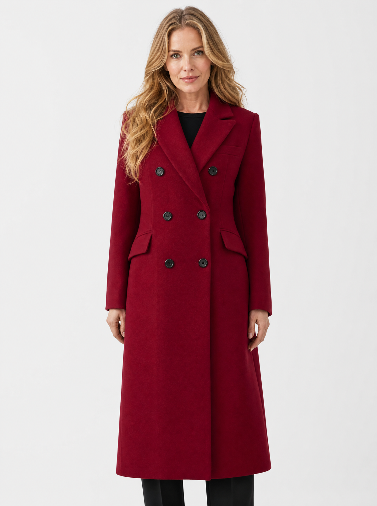 Women's wine red double breasted longline coat, front view