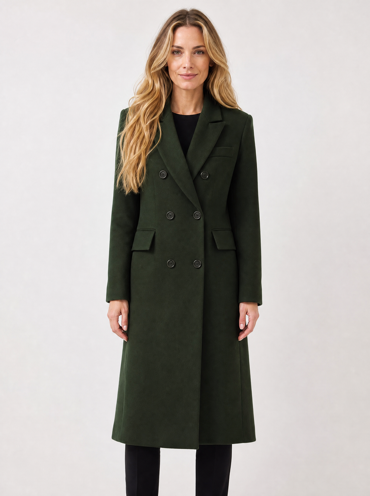Women's dark green double breasted longline coat, front view