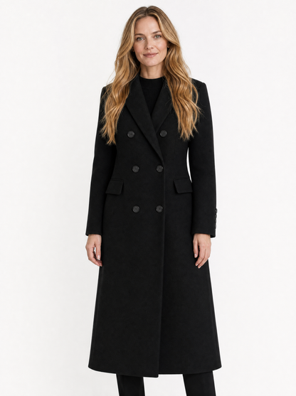 Women's black double breasted longline coat, front view