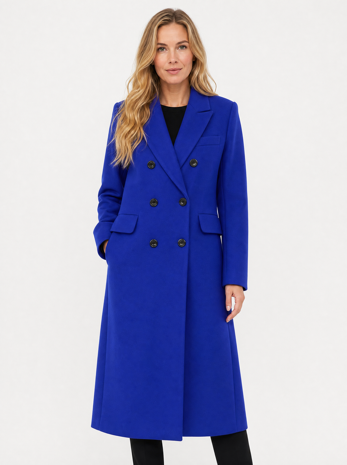 Women's blue double breasted longline coat, front view