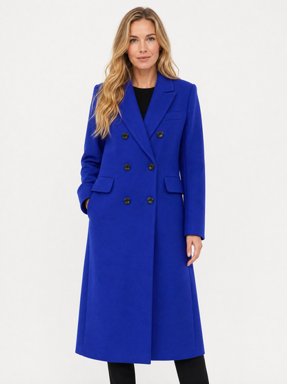 Women's blue double breasted longline coat, front view