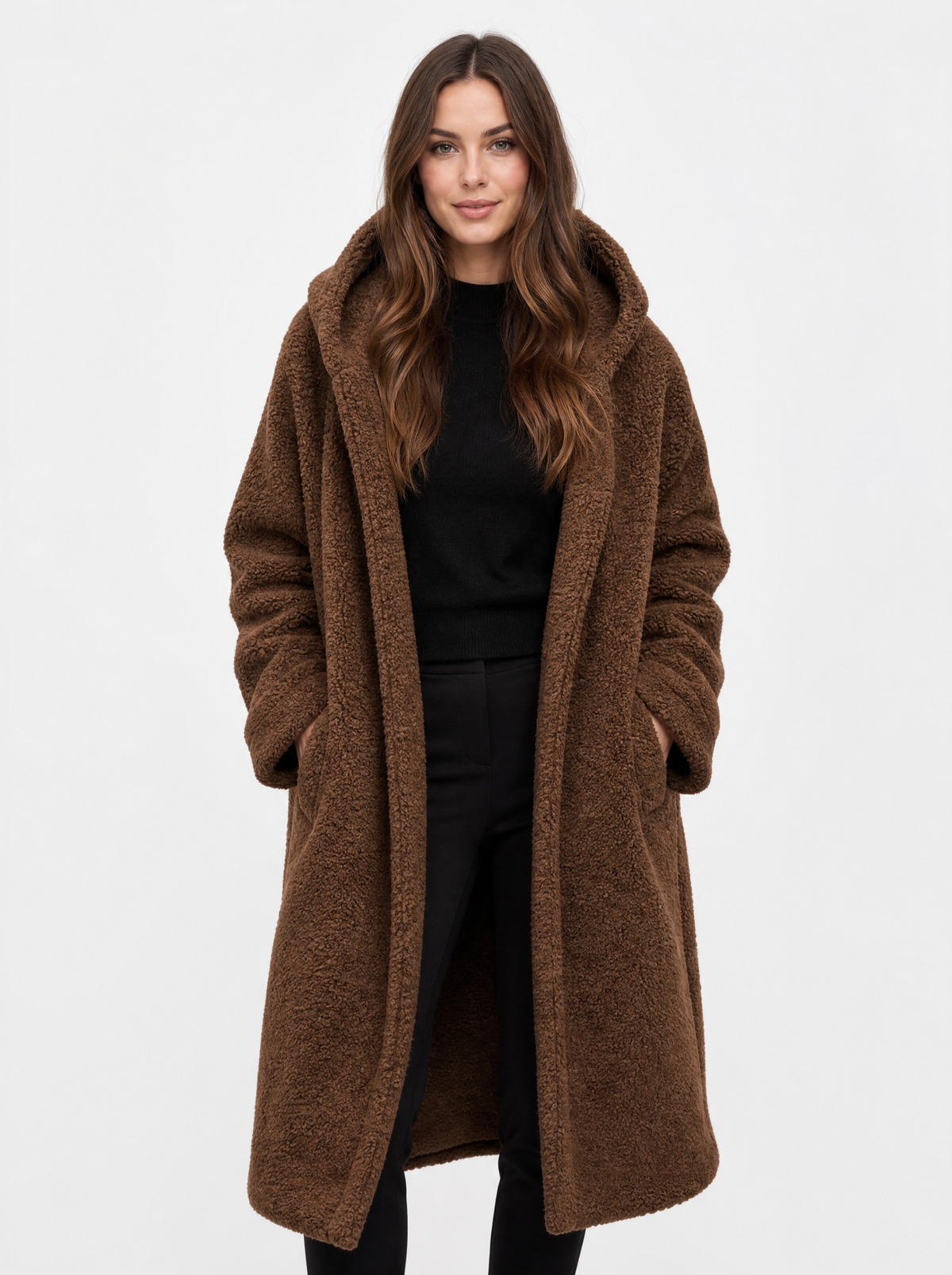 Women's brown hooded teddy fleece coat, front view