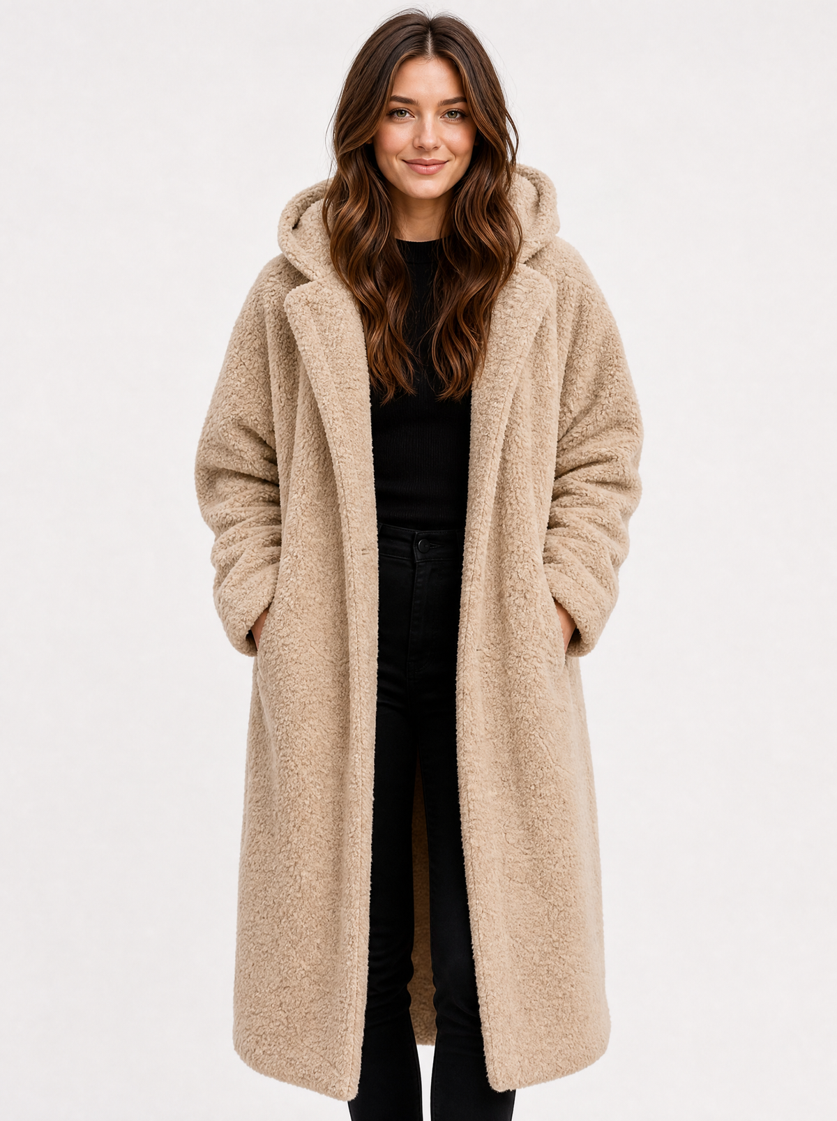 Women's apricot hooded teddy fleece coat, front view
