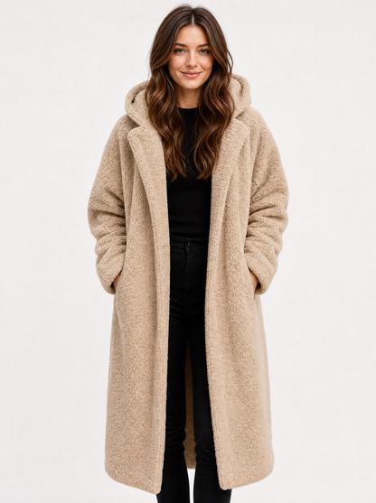 Women's apricot hooded teddy fleece coat, front view