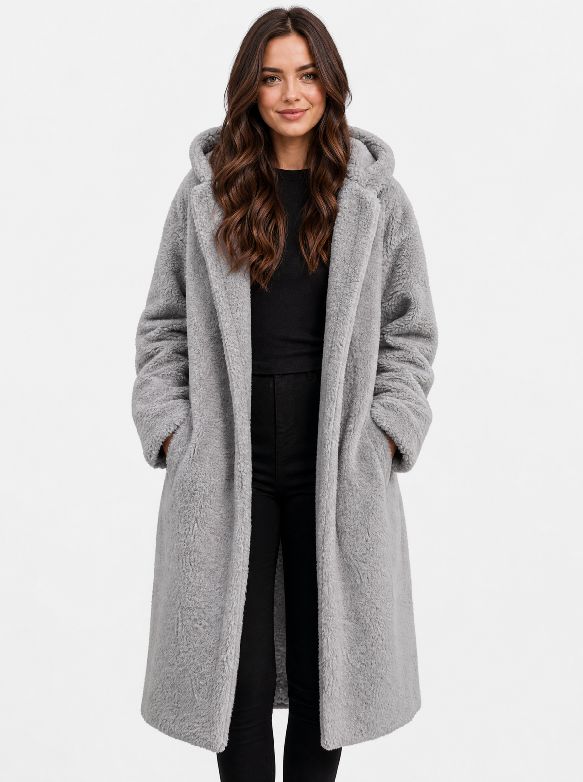 Women's silver grey hooded teddy fleece coat, front view