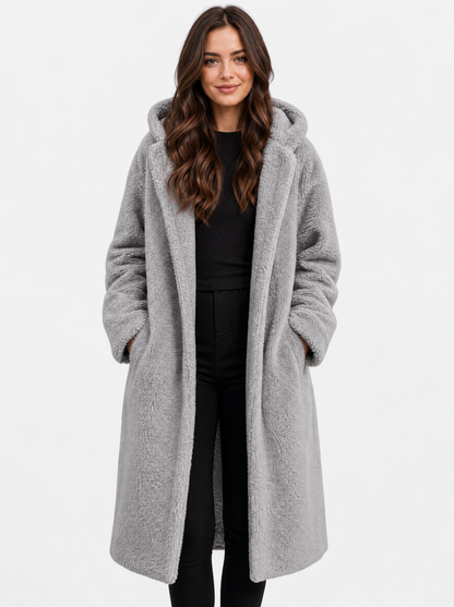 Women's silver grey hooded teddy fleece coat, front view