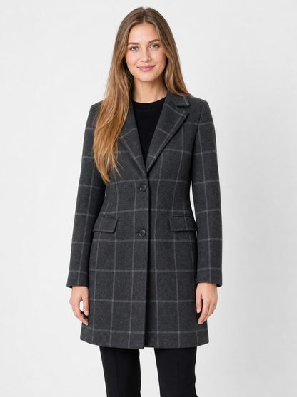 Women's grey checked wool blend coat, front view
