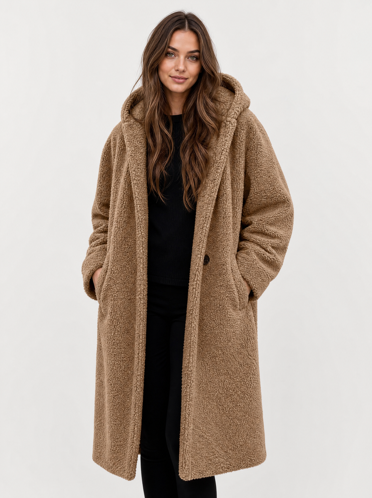 Women's camel hooded teddy fleece coat, front view