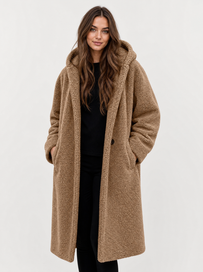 Women's camel hooded teddy fleece coat, front view
