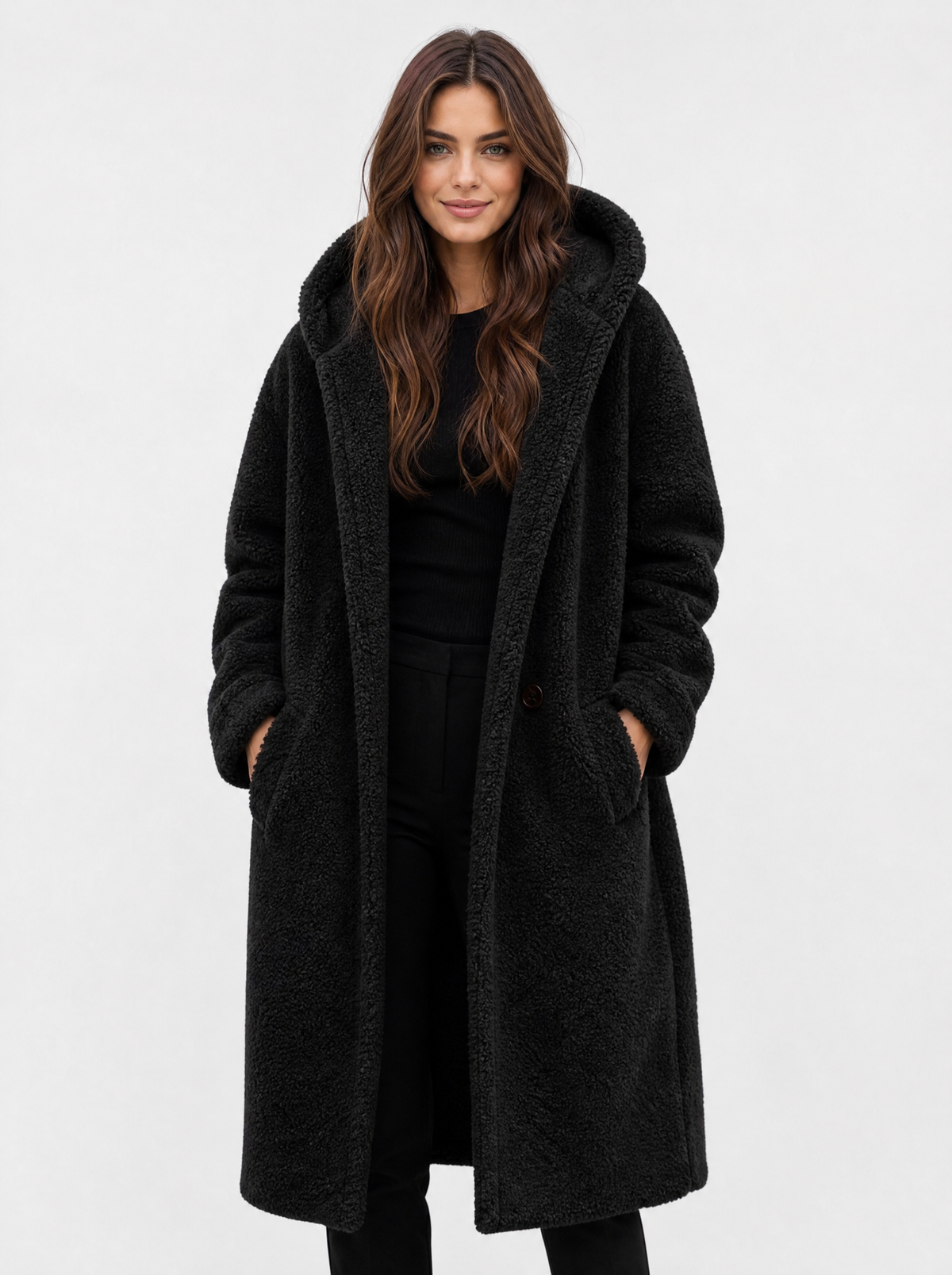 Women's black hooded teddy fleece coat, front view