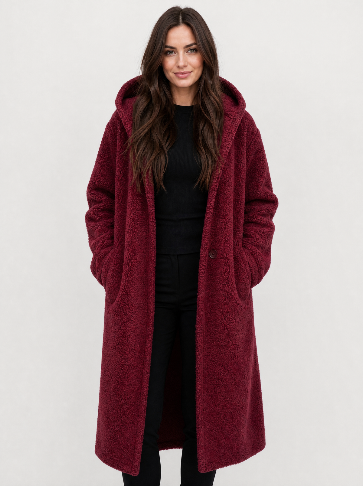 Women's wine red hooded teddy fleece coat, front view