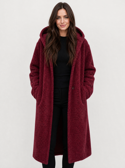 Women's wine red hooded teddy fleece coat, front view