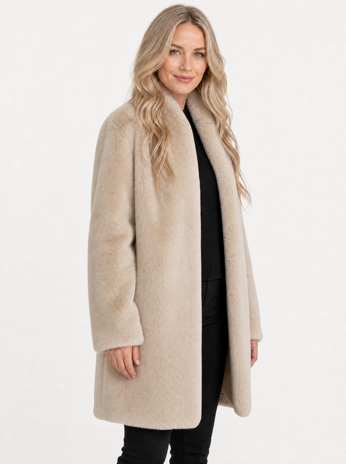 Women's beige long faux fur coat, side view