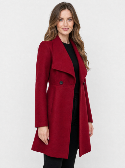 Women's wine red waterfall lapel coat, side view