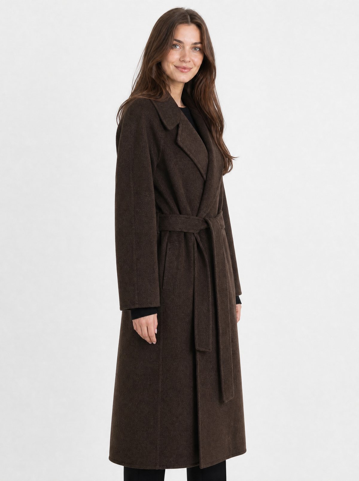 Women's dark brown belted longline coat, side view