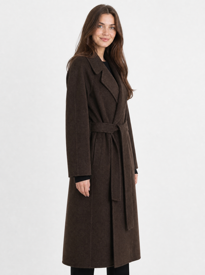 Women's dark brown belted longline coat, side view