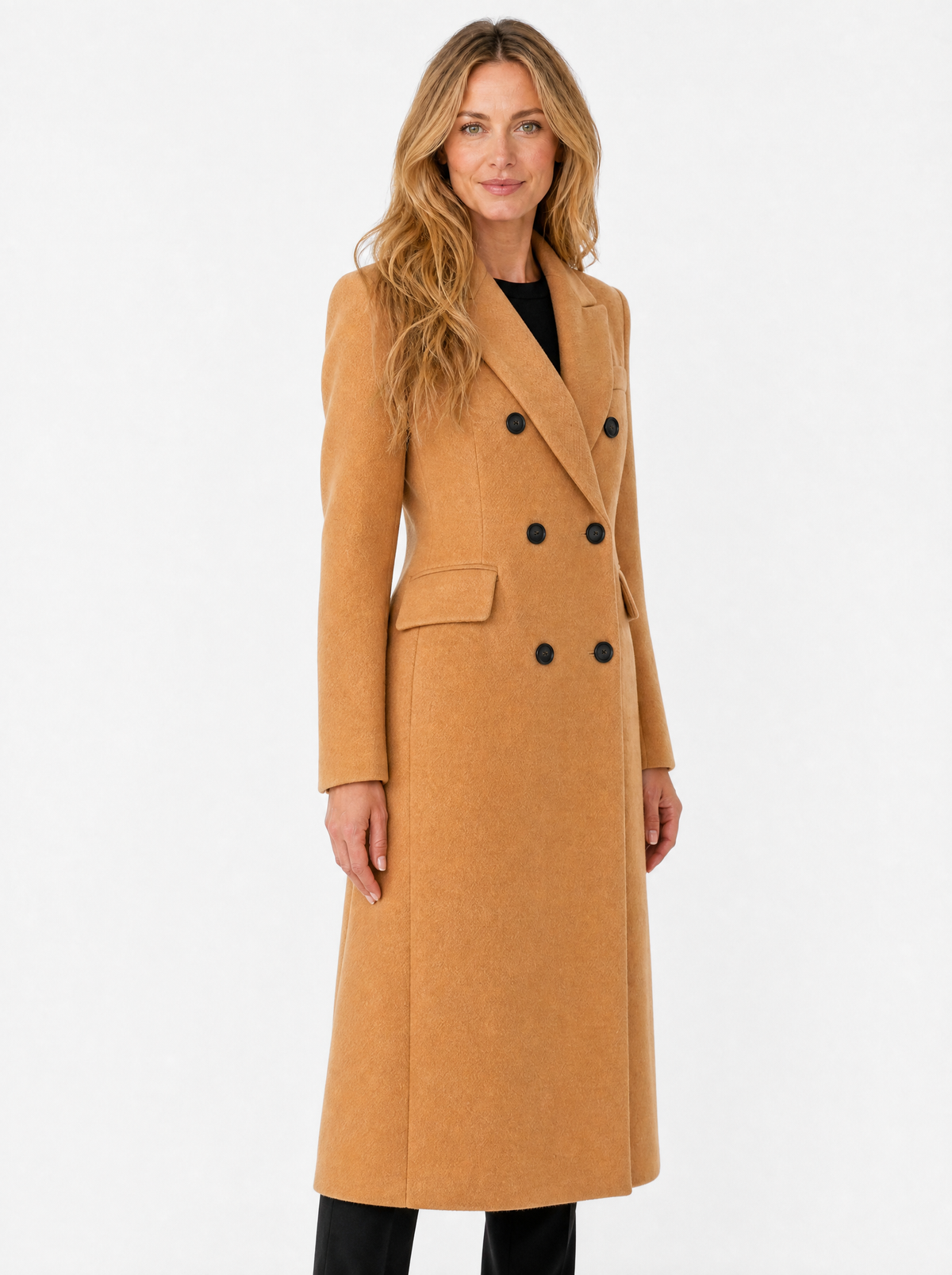 Women's brown double breasted longline coat, side view