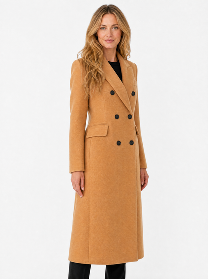 Women's brown double breasted longline coat, side view