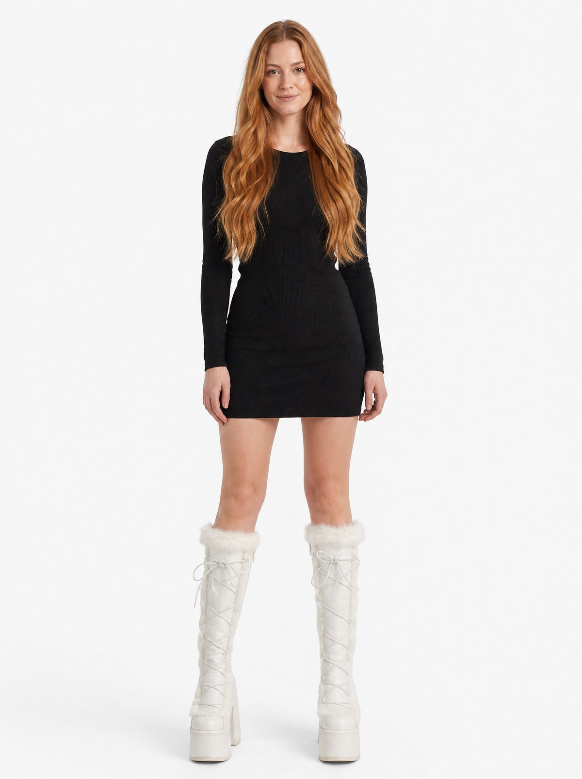 Women's white faux fur platform knee high boots, front view