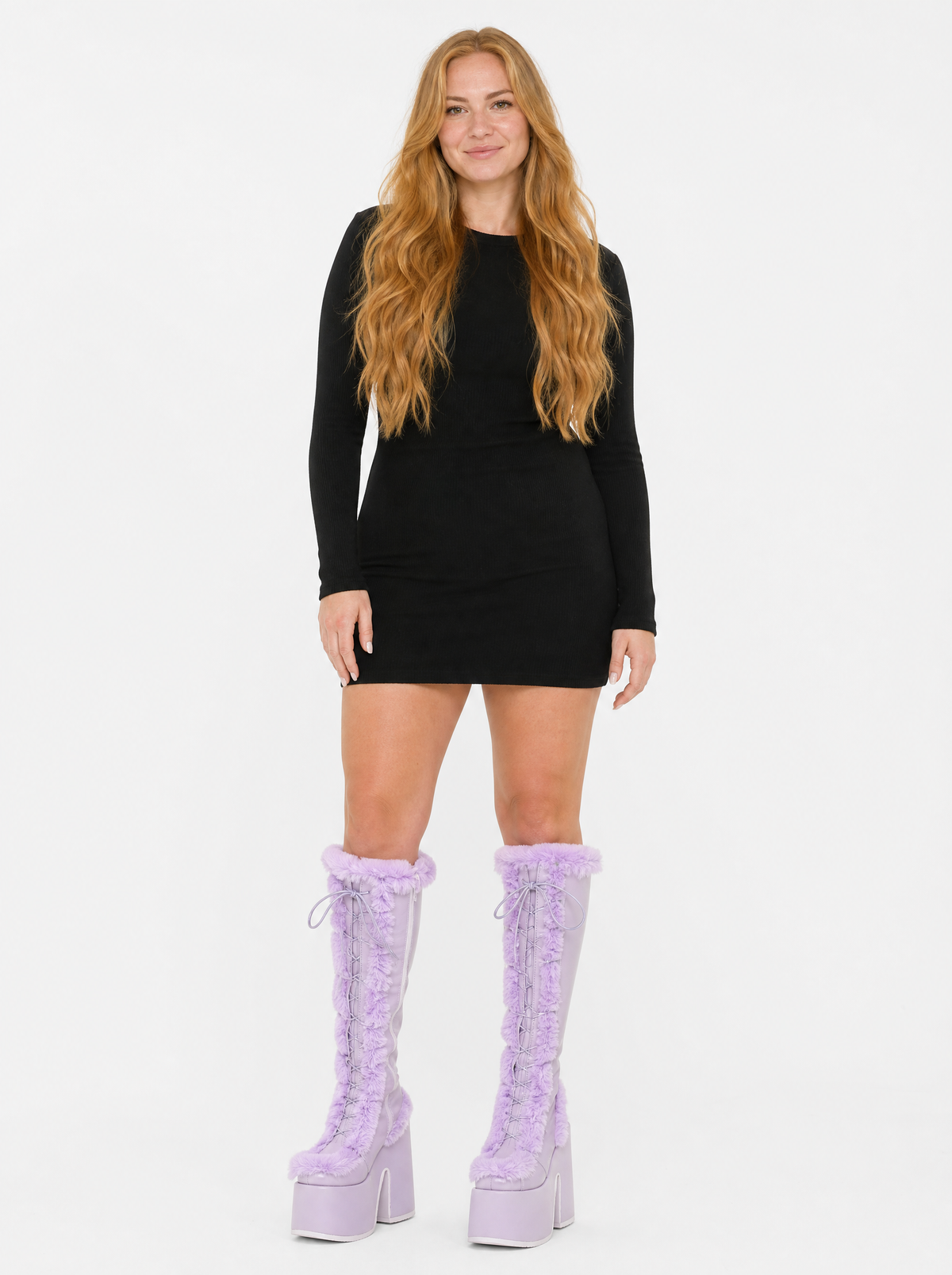 Women's light purple faux fur platform knee high boots, front view