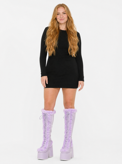 Women's light purple faux fur platform knee high boots, front view