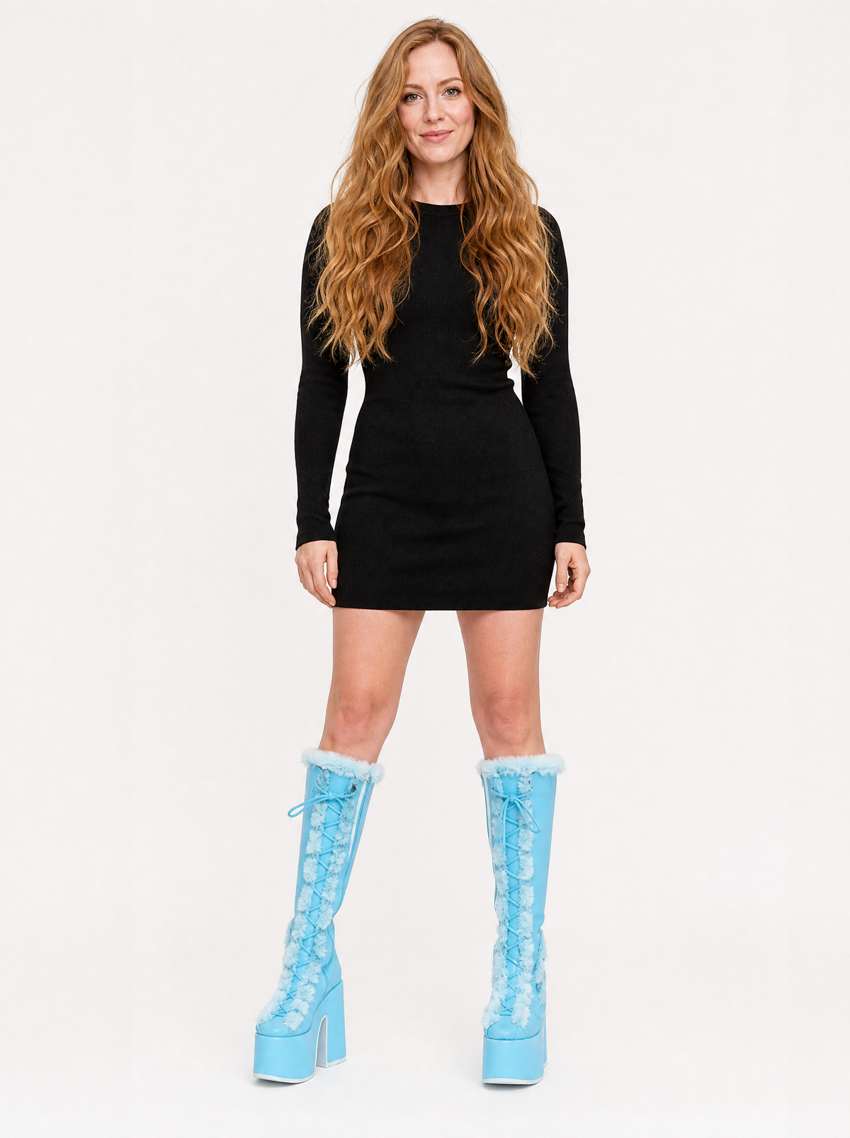Women's sky blue faux fur platform knee high boots, front view